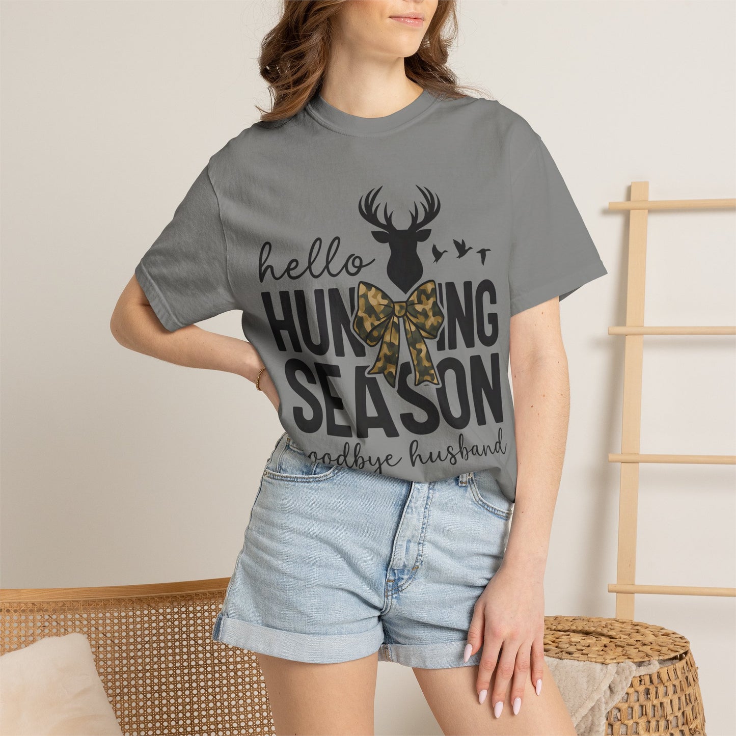 Hunting Season T-Shirt — "Hello Hunting Season, Goodbye Husband" Deer Bow Graphic