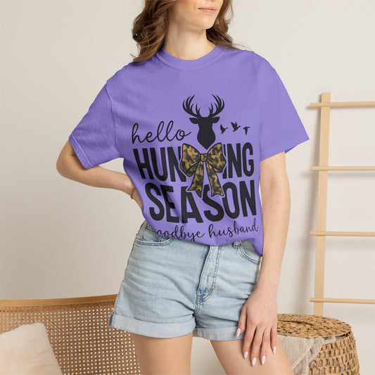 Hunting Season T-Shirt — "Hello Hunting Season, Goodbye Husband" Deer Bow Graphic