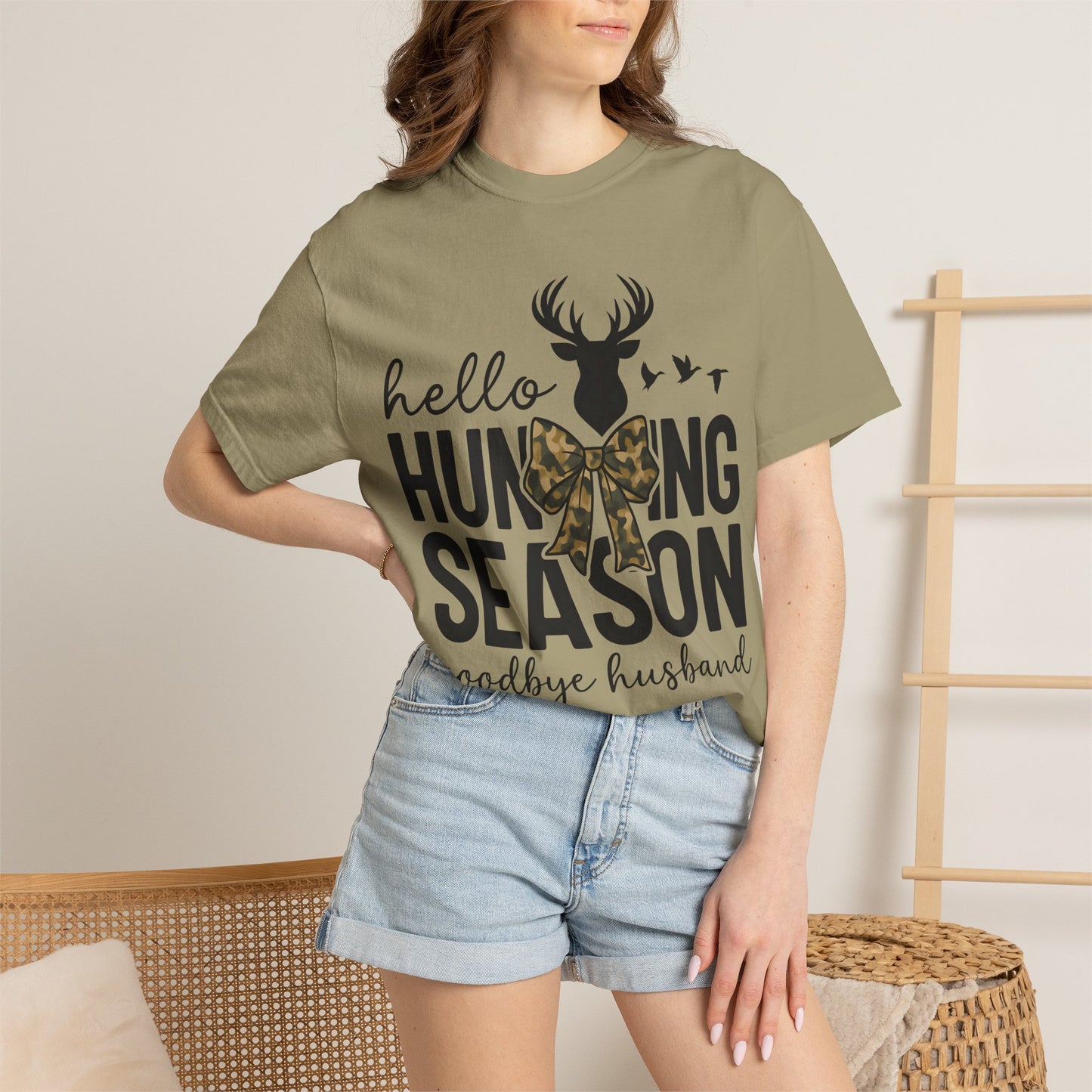 Hunting Season T-Shirt — "Hello Hunting Season, Goodbye Husband" Deer Bow Graphic